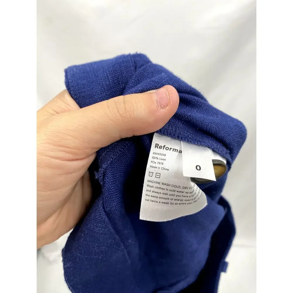 Reformation 0 blue linen wide leg raw hem pants